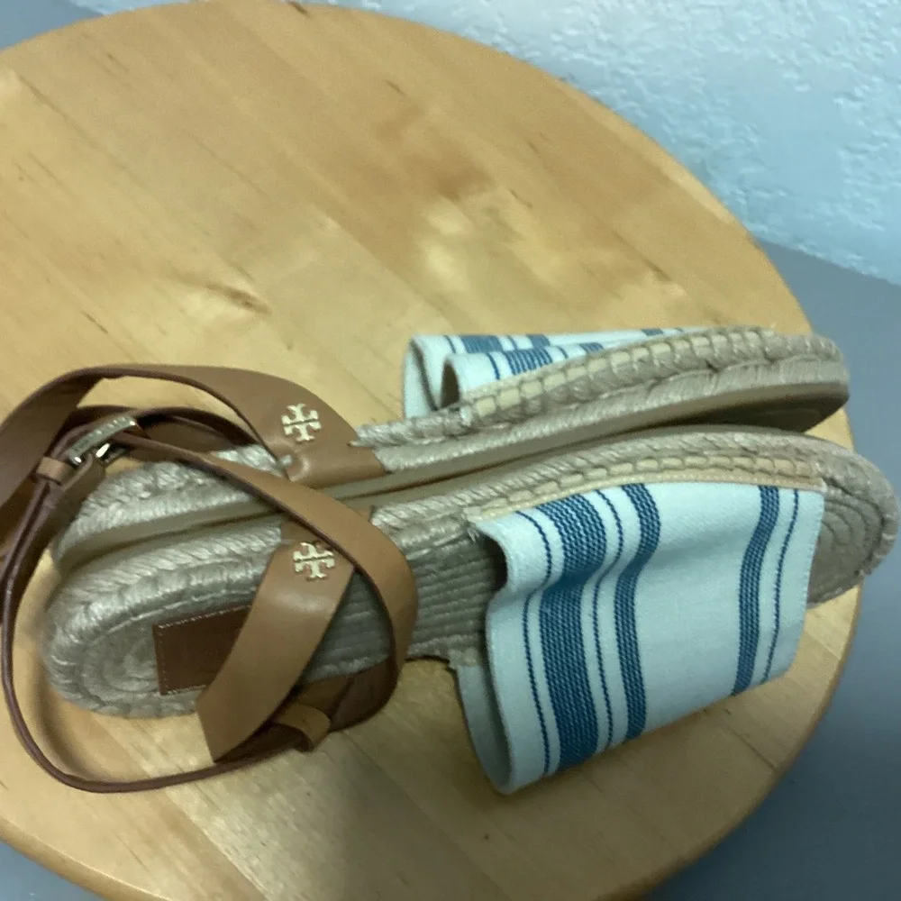 Tory Burch Striped Canvas‎ Espadrille Sandals Blue Cream Leather Ankle Strap 8
